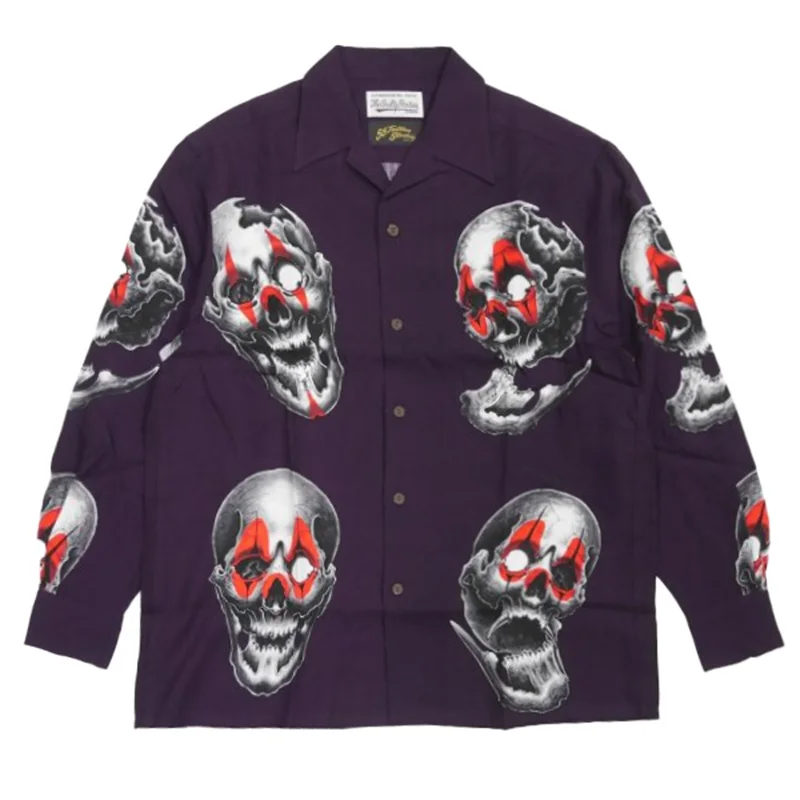 Vintage WACKO MARIA Autumn Winter Skull Logo Print Hawaii Long Sleeve Shirt High Quality Mens Womens Tops Shirt