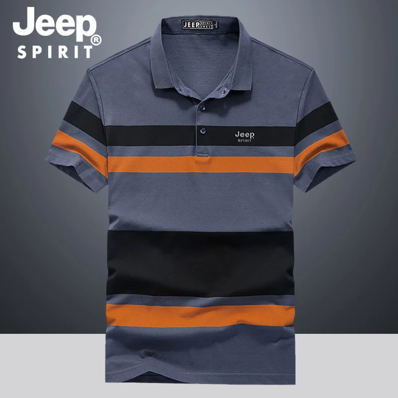 Jeep spirit verão camisa polo masculina listra manga curta lapela algodão casual moda respirável e confortável meia manga roupas