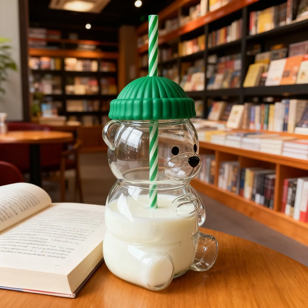 

Cute Bear Cup 500ML Cartoon Bear shaped Coffee Cup Straw Cup Creative Beverage Cup Glass Water Cup milk cup