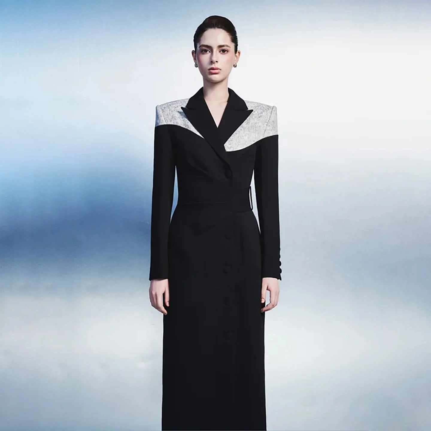Elegant black gray color blocked shoulder suit lapel dress women's long sleeved button waist belt slim fit long evening gown