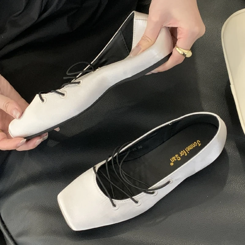 

Винтажные атласные балетки на плоской подошве с квадратным носком, женские модные дизайнерские туфли на шнуровке, брендовые туфли Мэри Джейн, удобные туфли Zapatos Elegantes Para Mujer