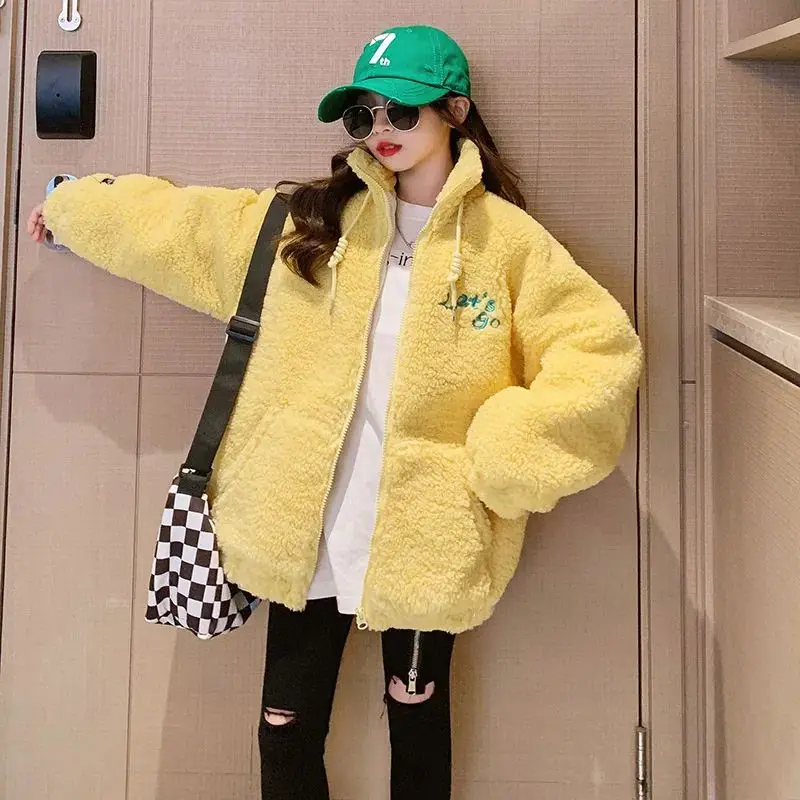معطف سميك مخملي للخريف والشتاء للأطفال، معطف صوف خروف أصفر شتوي جديد للأطفال، سترة صوف كبيرة للأطفال