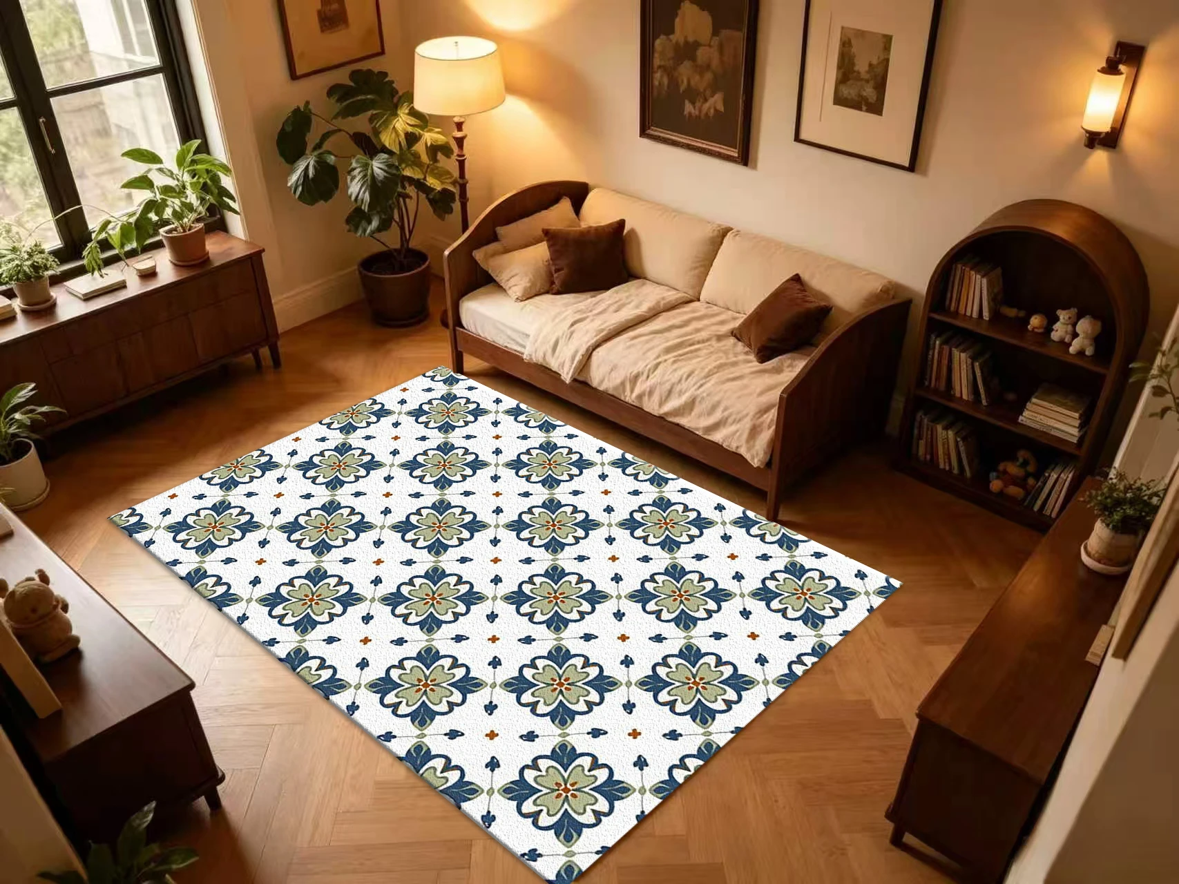 Vintage Blue Green Floral Tile Carpet Flooring Mediterranean Geometric Seamless Pattern Floor Rug Home Living Room Decoration