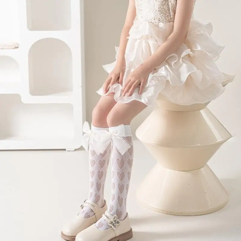 

Q22D Children's Calf Length Socks Comfortable Hosiery with Lace Bowknot Accent, Middle Tube Socks for School Performances