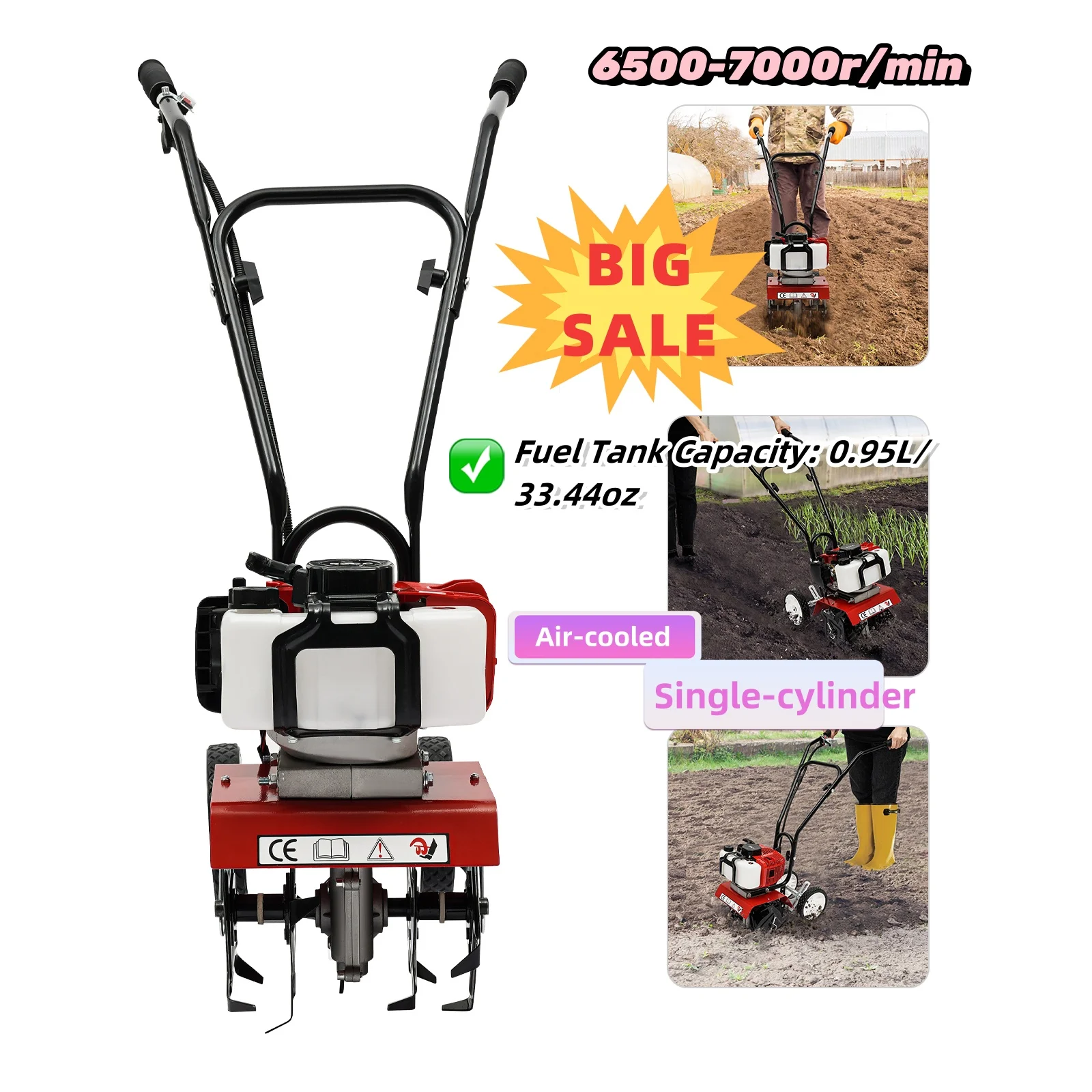 

52CC Gas Powered Tiller Soil Cultivator Yard Garden Farm Tiller Tilling Tool 2 Stroke Single Cylinder