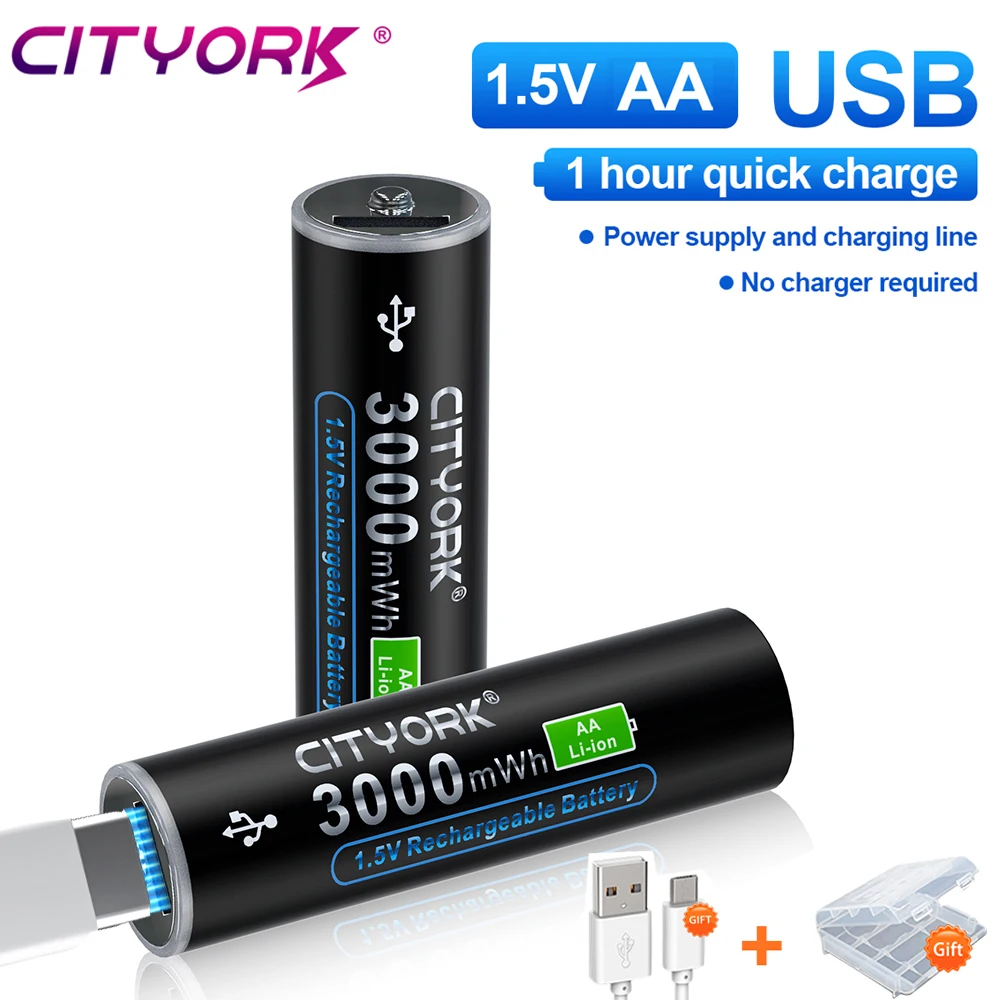 CITYORK USB AA Lithium battery 1.5V Li-ion AA 2A Cell Rechargeable Battery For MP3 Player Thermometer mp3 player Remote control