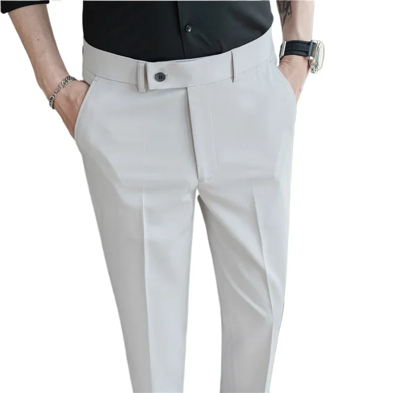 2025 Summer Thin White Elastic Nine Cent Suit Pants for Men,gray Blue Four-side… - Image 5