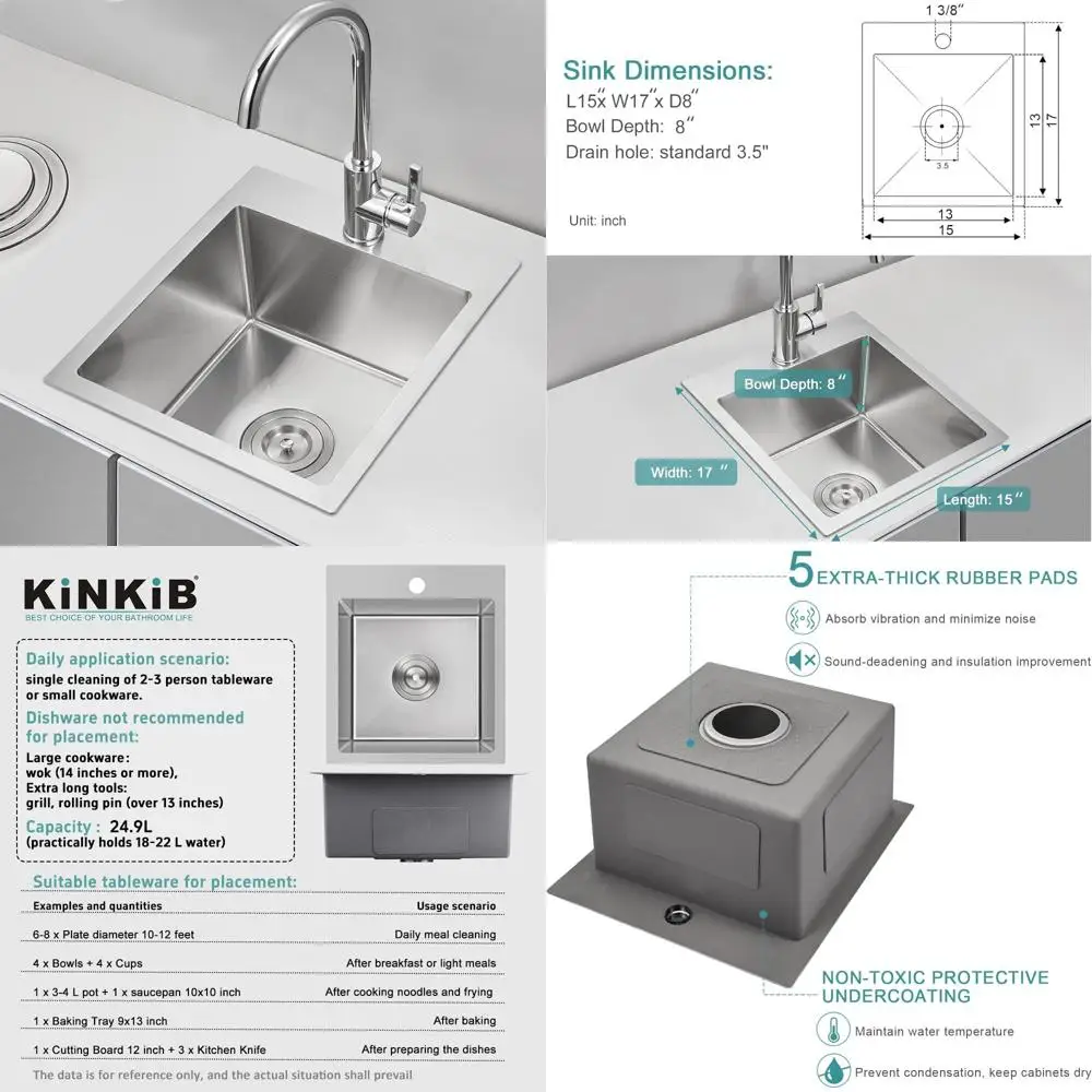 

15 Inch Drop-In Single Bowl Stainless Steel Bar Sink for Kitchen Use - Handcrafted T-304 Steel, Small Overmount Design