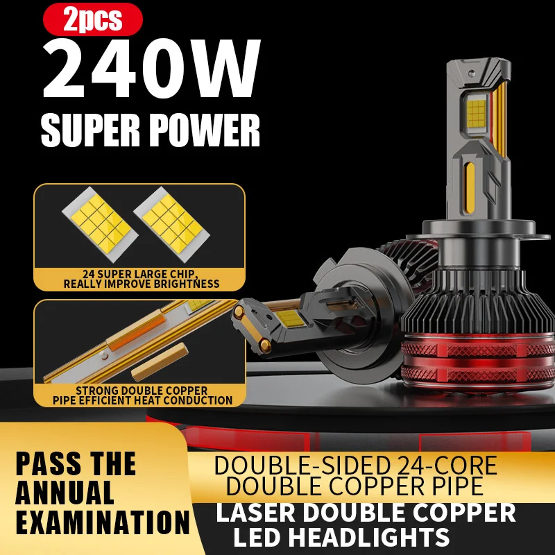 

2 шт. сверхмощные автомобильные светодиодные лампы H7 240 Вт, 6000K, LED H4 H11 HB3 9005 HB4 9006, с двойной медной трубкой, 12В