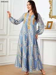 Siskakia Sequins Embroideried Dubai Abaya For Muslim Woman Notched O-Neck Puff Sleeve Moroccan Kaftan Elegant Casual Loose Robe