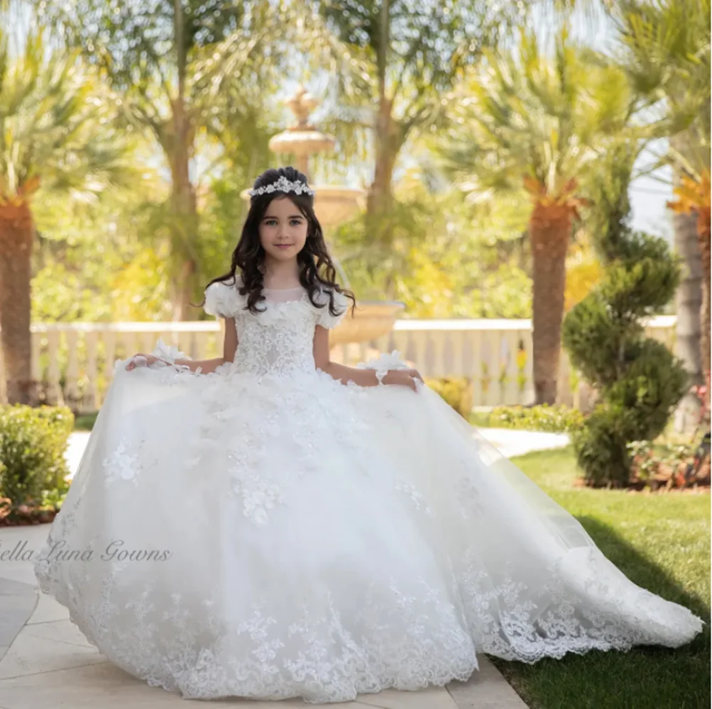 Robes de mariée à fleurs pour filles, appliques en dentelle, reconstitution historique d'anniversaire pour enfants, robes de première communion pour enfants