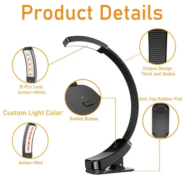 Rechargeable USB Blue Light Blocking Book Light Clip on Amber LED Reading Lamp Eye Healthy Stepless Dimming for Nighttime