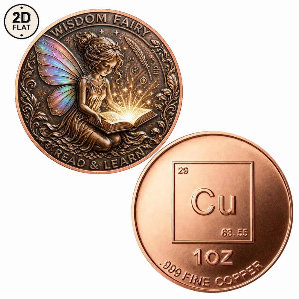 1pc 1oz .999 Fine Copper Wisdom Fairy Challenge Coin 2D Print Read & Learn Fantasy Collectible Medal Fairy Lover Keepsake Gifts