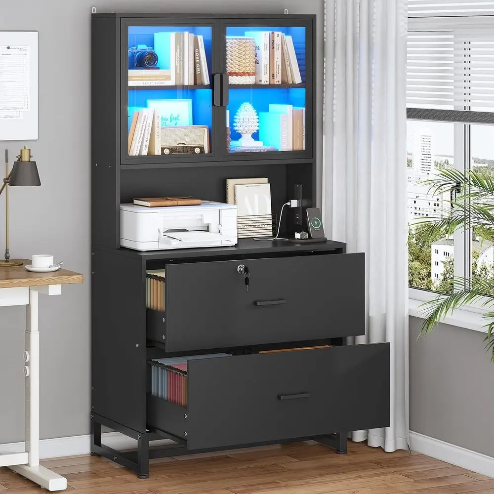 2 Drawer File Cabinet with Lock, Charging Station, Bookshelf, Black | Filing Cabinet for Letter, Legal, A4 Size, Wood File Cabin