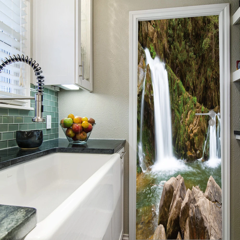 Waterfall Cascading Over Mossy Rocks Self-adhesive Vinyl Door Fridge Wallpaper