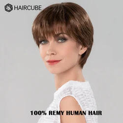 HAIRCUBE Short Human Hair Wigs for Women  Natural Straight Layered Style Wig Pixie Cut Brown Wig with Bangs 100% Remy Human Hair