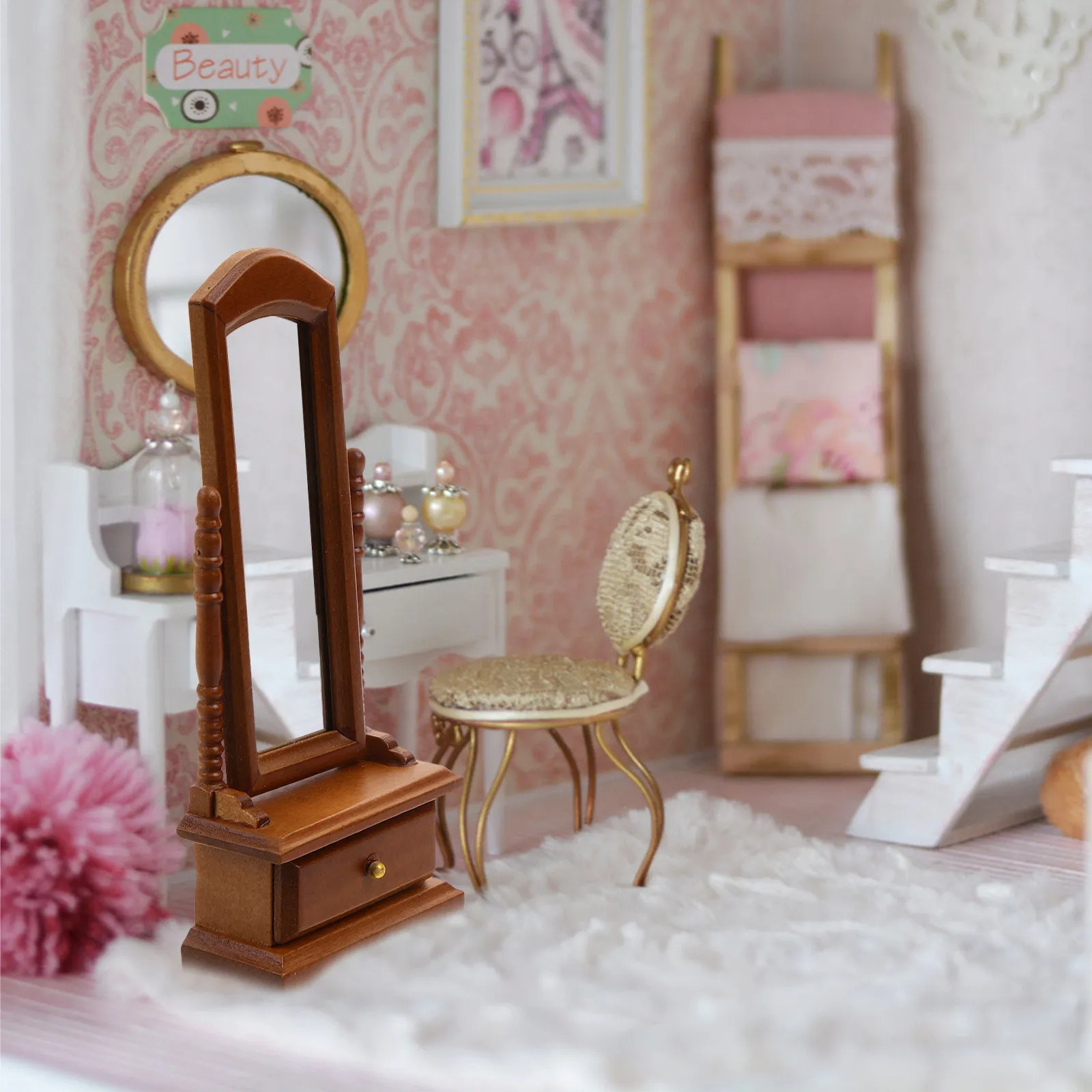 

Miniature Dressing Mirror Realistic Wooden Craft Vintage Style Non Burr Surface Mini House Furniture Dollhouse Mini Mirrors