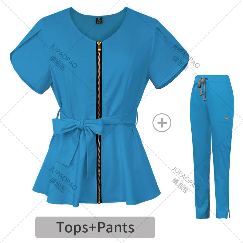 Uniforme de enfermería, ropa de trabajo, Tops y pantalones, traje de enfermera de Color sólido, blusa de bolsillo de manga corta, ropa de trabajo de odontología y farmacia