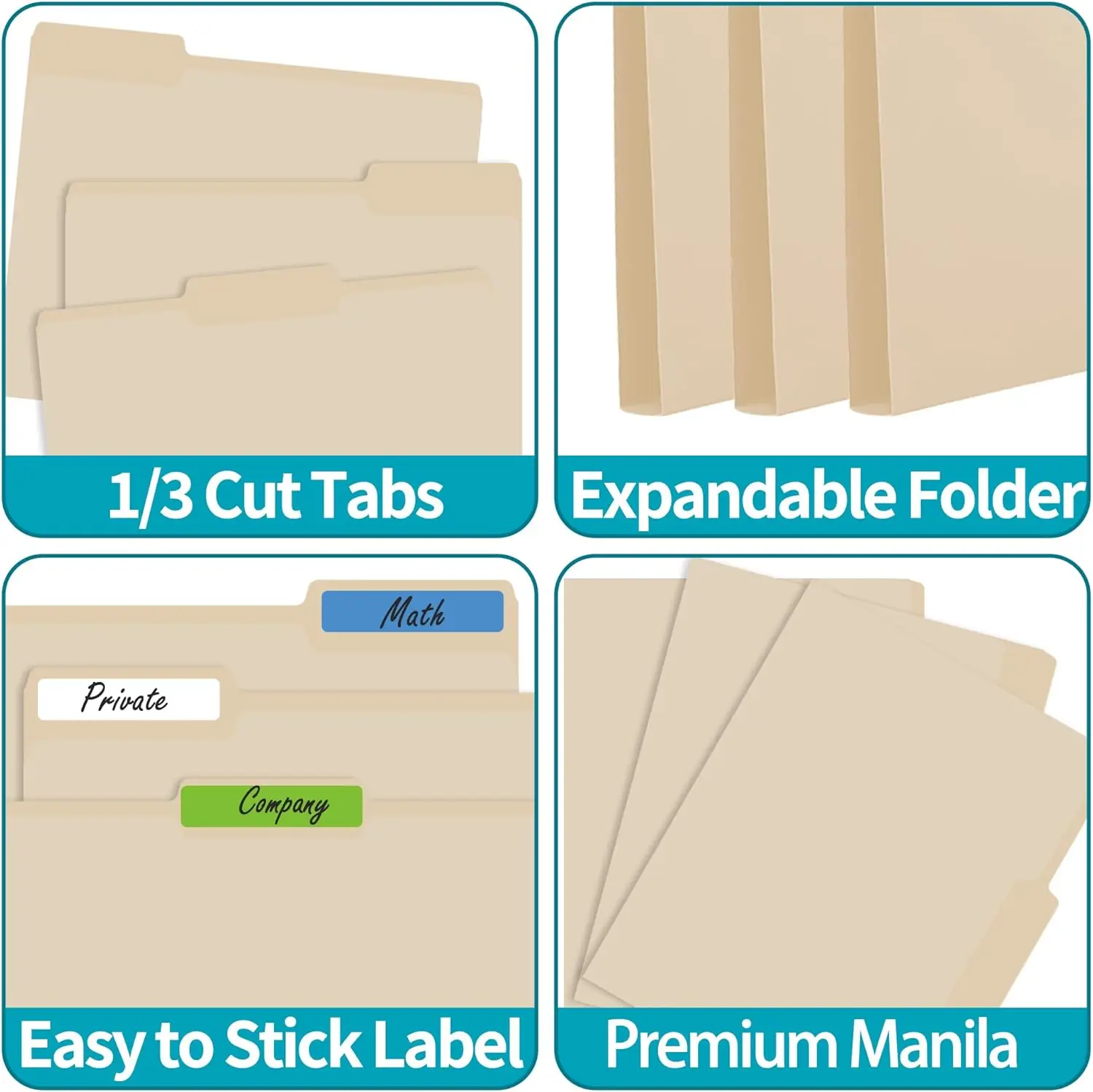 100PCS Manila File Folders – Letter Size 8.5x11, 1/3 Cut Tabs for Office, School & Home Organization