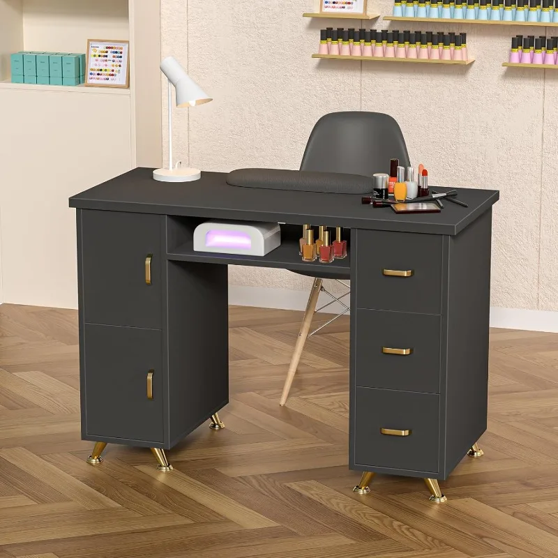 Manicure Table Nail Desk Station with Golden Handles Nail Tech Desk Acetone Resistant Table for Tech