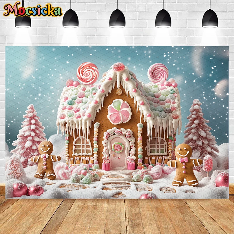 Christmas Gingerbread House Backdrop Photography Winter Xmas Tree Candy Decor Cake Smash Kids Portrait Photo Background Studio