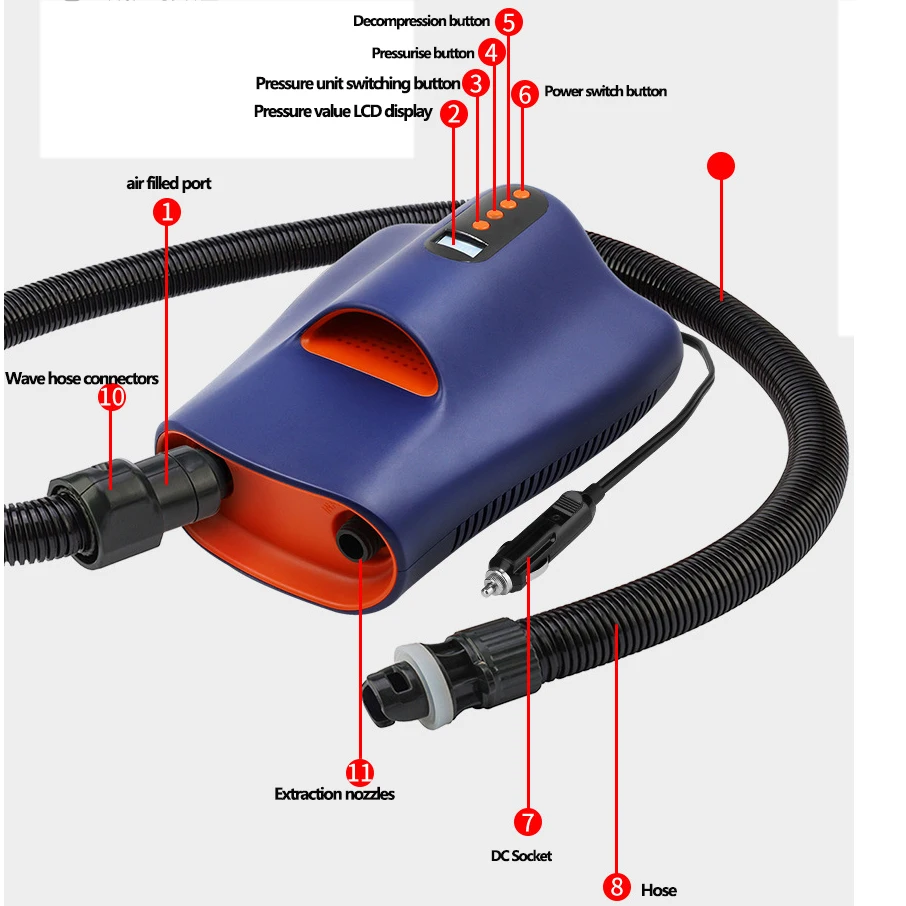 6 IN1 Nozzle 0~22PSI Adjustable Electric Inflatable Pump DC 12V 110W Automotive Car SUP Electric Inflatable Pumps