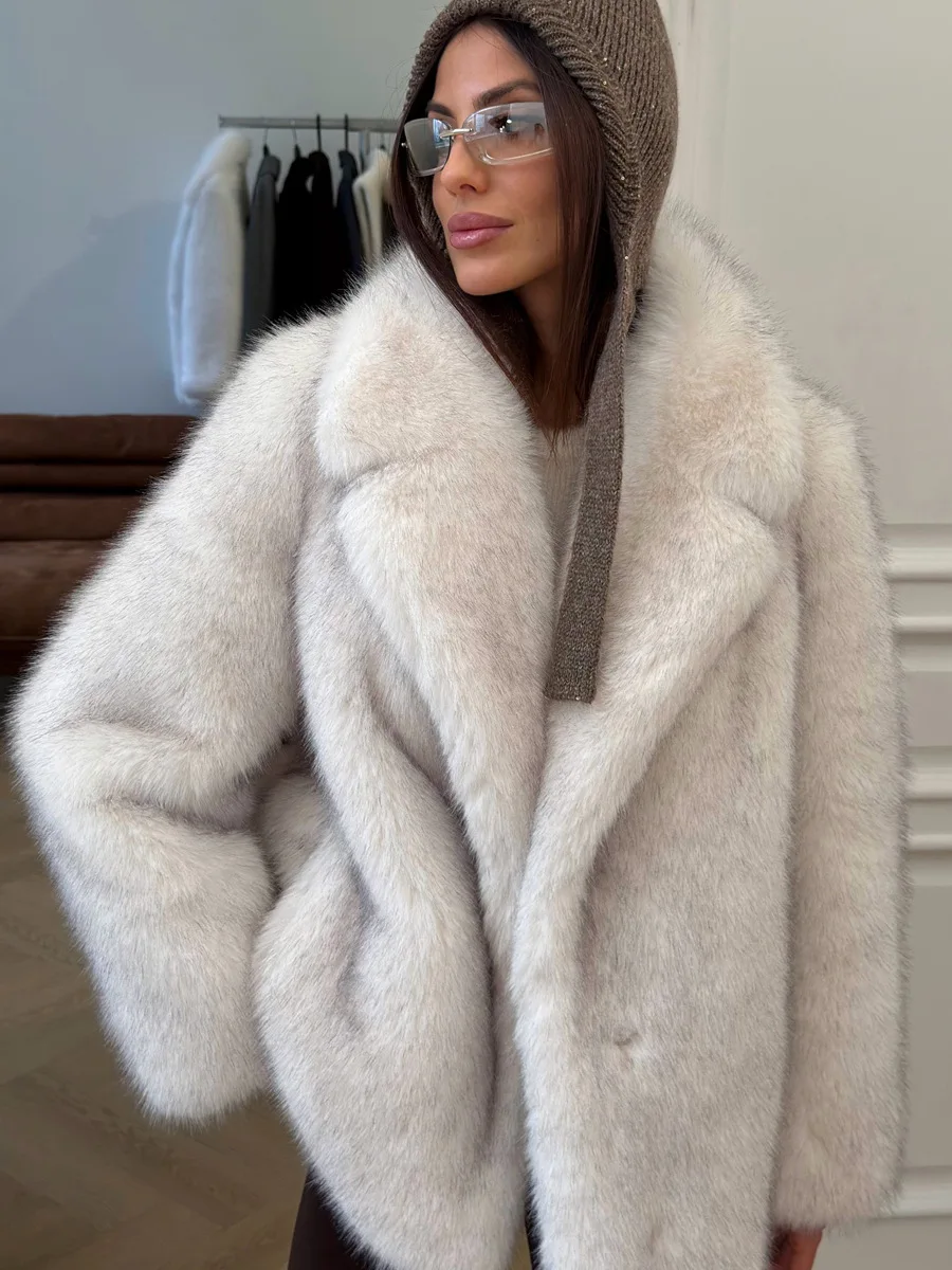 HDHOHR New Winter Elegant Fashion Faux Fox Fur Coat Women Thick Warm Suit Collar High Quality Fluffy Fur Jacket Oversize