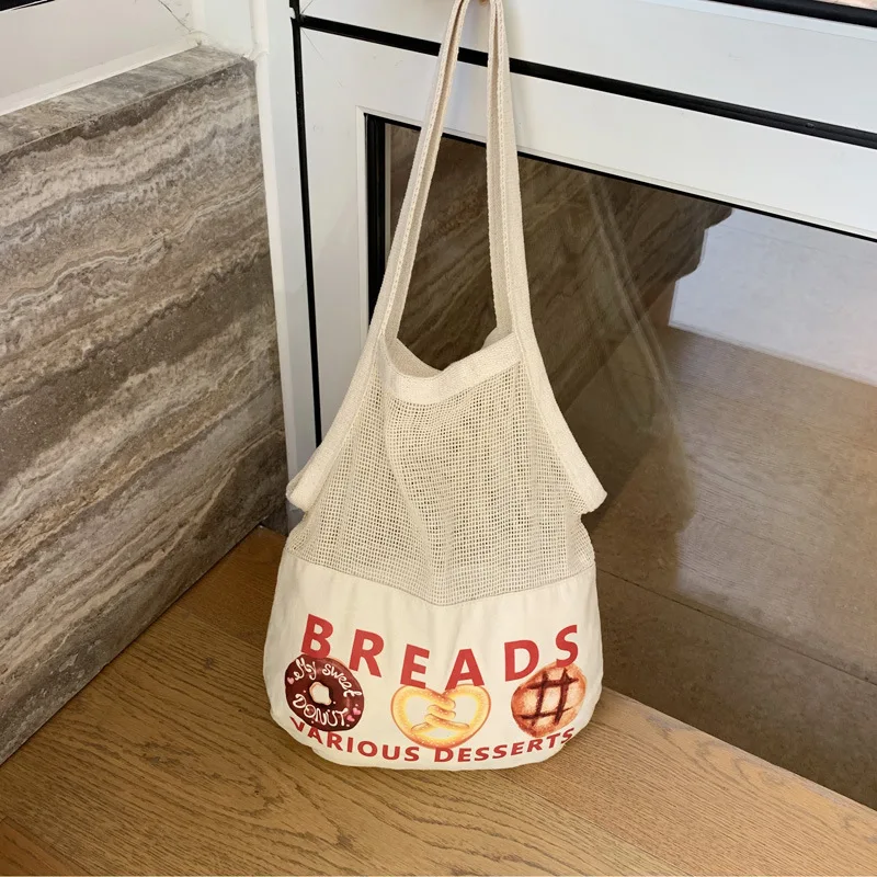 Youda New Style Vacation Net Canvas Patchwork Shoulder Bag Cute Dessert Pattern Handbag Large Casual Capacity Shopper Tote Bags