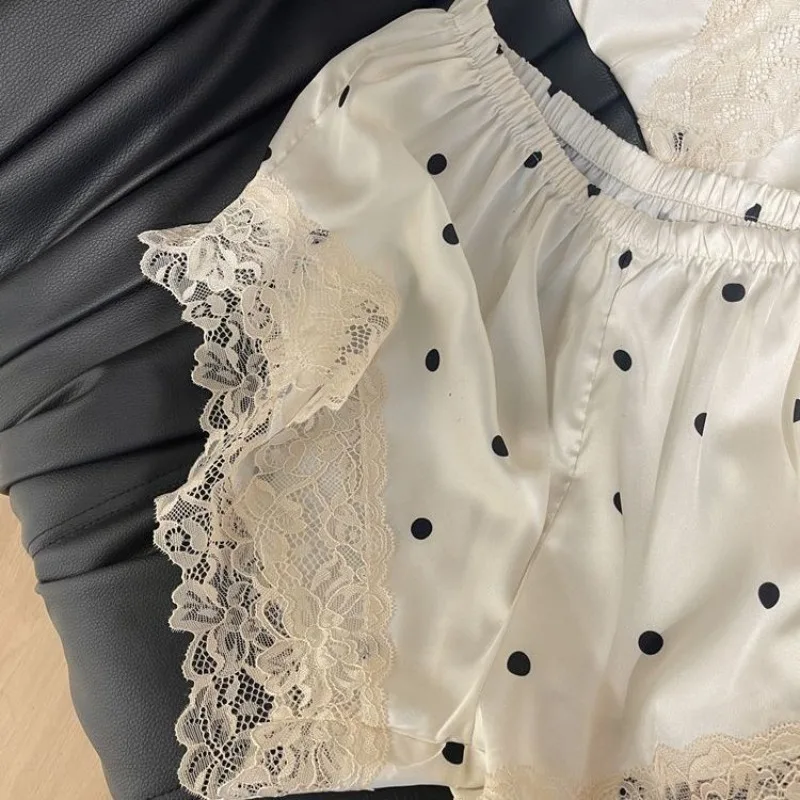 Pajamas Women's Summer Milk Polka Dot Suspender Shorts Pure Wind Lace Soft Waxy Thin Cool Loungewear Smooth and Soft Lounge Sets