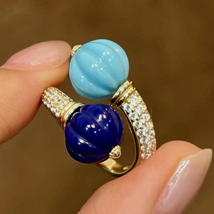 KQDANCE 925 Sterling Silver Carving Turquoise Blue lapis lazuli Yellow White crystal Double Pumpkin Shaped Ring