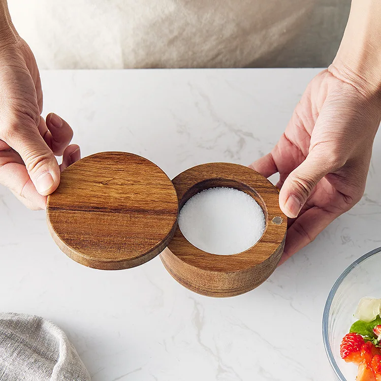 Acacia Wood Salt Cellar Storage Box Spice Case Swivel Cover Holder Keeper Jar Kitchen Keeping Table Salts Herbs Seasonings