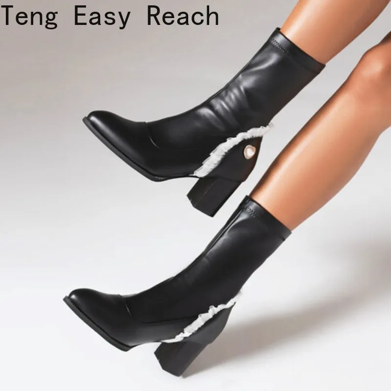 Autumn and Winter New Style Fashion Coarse Heel Women's Mid Heeled Boots Round Head Sweet Lace Short Boots High 6.5cm Size 35-48