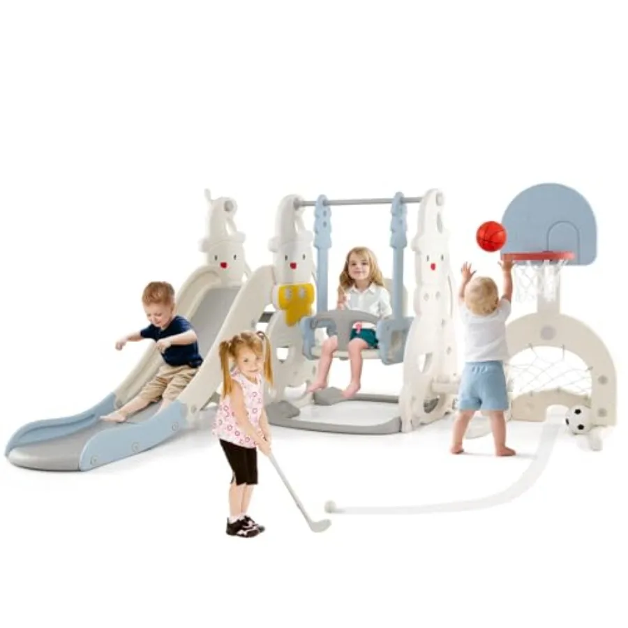 

7 in 1 Toddler Swing and Slide Set with Height Adjustable Basketball Hoop Climber Golf Soccer Ring Tossing Freestanding Indoor