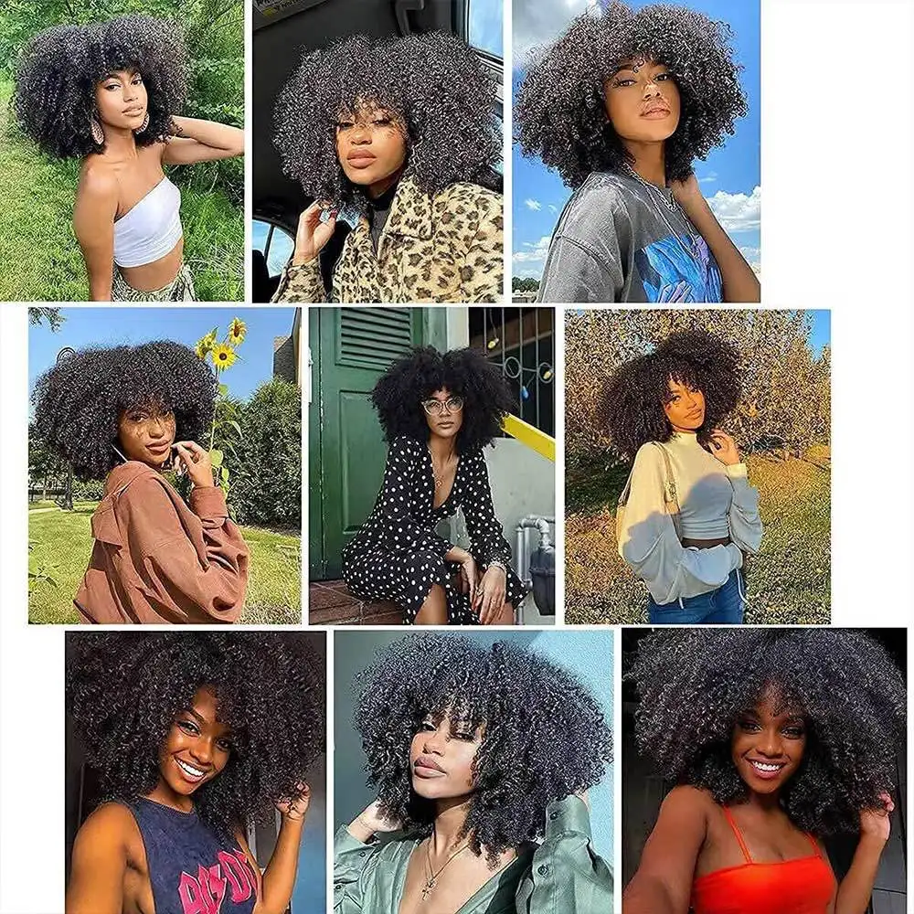 Perucas Encaracoladas para Mulheres Negras, Peruca Afro Bomb com Franja, Fibra Sintética, Sem Cola, Cabelo Longo Kinky, Preto a Marrom, 16"