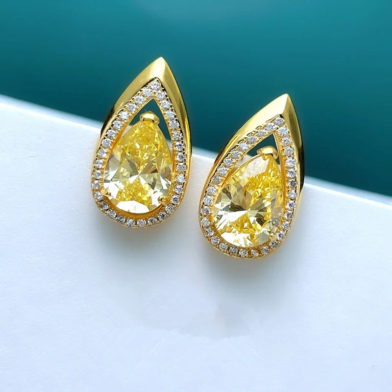 CAOSHI Luxury Yellow Cubic Zirconia Women Stud Earrings Modern Design Pear Shaped Elegant Accessories Party Temperament Jewelry