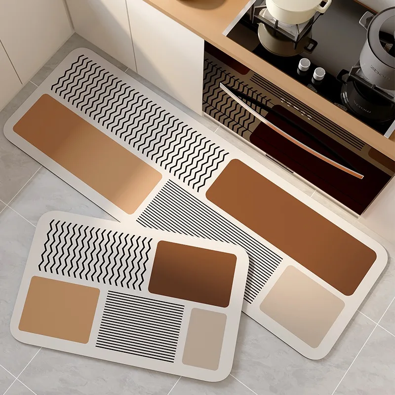 

Kitchen Floor Mat PVC Waterproof Anti-slip Vinyl Carpet Leather Oil-proof Foot Mats Japanese Style Home Decoration Brown Rugs