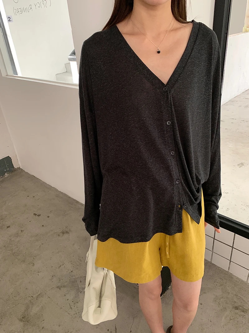Summer Women's Casual Solid Color V-Neck Long-Sleeved Loose Cardigan Top