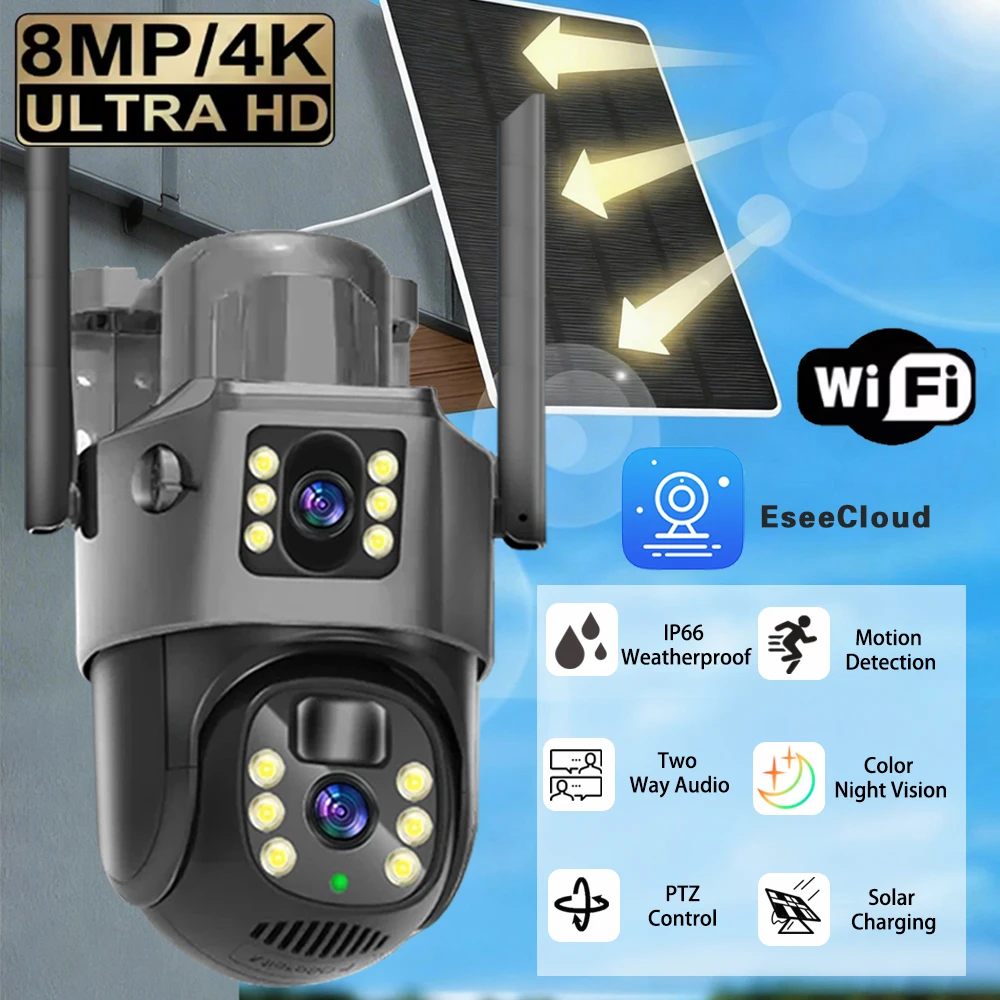 

4G/WiFi Solar Surveillance Camera Dual Lens Outdoor Battery Security Cameras 4K 8MP Solar Charging Video Monitor EseeCloud