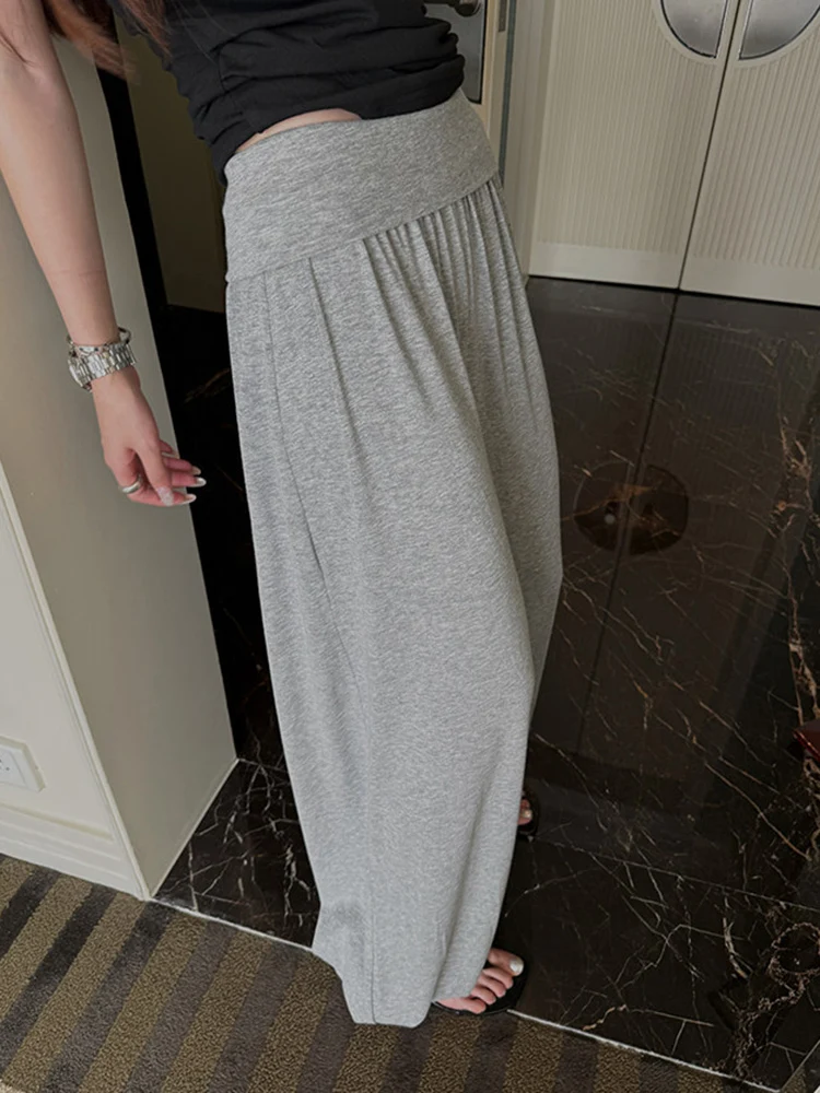 [EAM] High Elastic Waist Black Gray Brief Long Casual Wide Leg Pants New Trousers Women Fashion Tide Spring Autumn 2026 1DJ8226