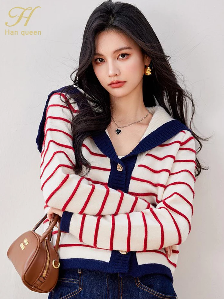 H Han Queen Autumn Winner Loose Striped Knit Cardigan Jacket Sweater Vintage Casual Women\'s Clothing Simple Thick Warm Sweaters