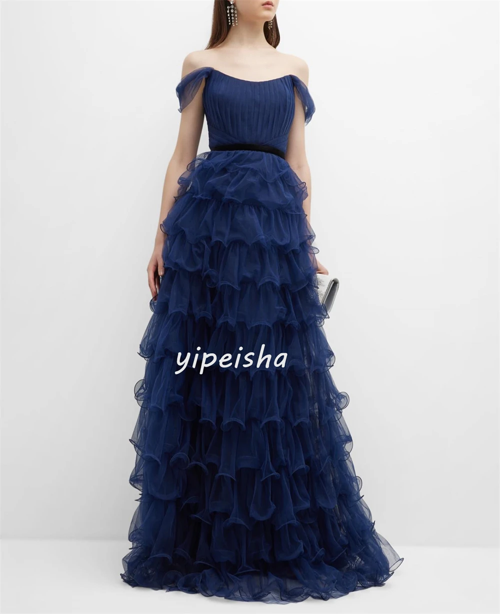 High Quality Formal Tulle Tiered Pleat Ruched Draped A-line Off-the-shoulder Long Dresses Prom Dresses Sizes Available Casual