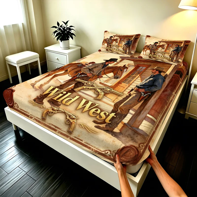 3Pcs Microfiber Fitted Sheet Set,Deep Pocket,Durable,Multi-Sizes,Wild West Cowboy Motif,Retro Bedroom Decor with Western Theme