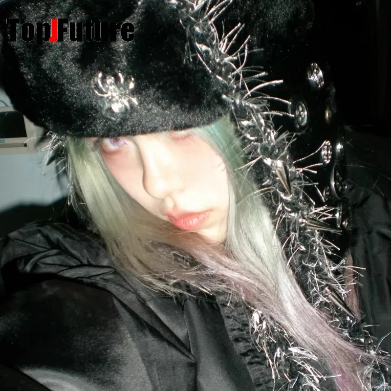 Gothic Lolita Y2k Girls Women\'s  Subculture Punk rivet Metallic design Spike Warm plush fluffy Harajuku Winter Warmer Beanie Hat