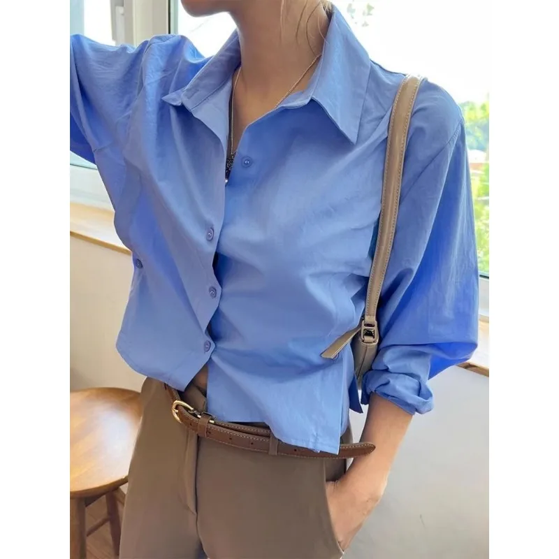 QWEEK Office Vintage White Short Shirts Korean Style Elegant Solid Color Women Blouse Chic Long Sleeve Button Up Clothes Autumn