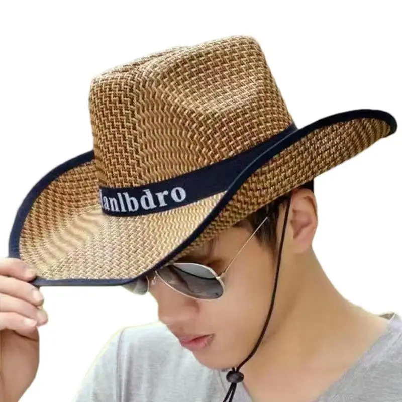 Men's Straw Hat Fishing Cowboy Sun Hats Outdoor UV Protection Sun Cap Western Summer Cowboy Hat For Gardening Travel Hiking