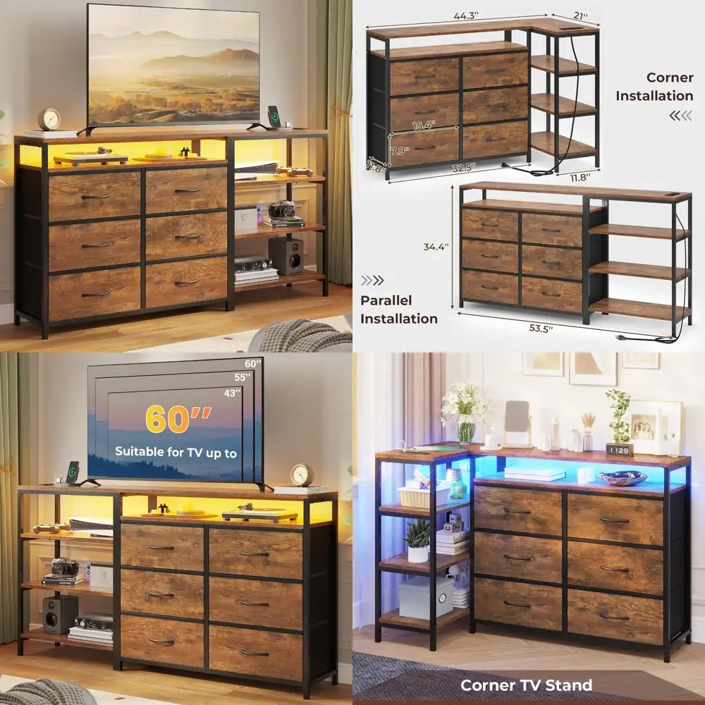 60 Inch TV Stand with Charging Station, LED Lights, 6 Fabric Drawers, Entertainment Center, and Industrial Console Table
