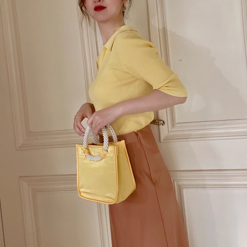 Retro Yellow Satin Niche Light Luxury Women Bag New Pearl Tide Handbags for Women 2022 Designer Trendy High-end Elegance Office