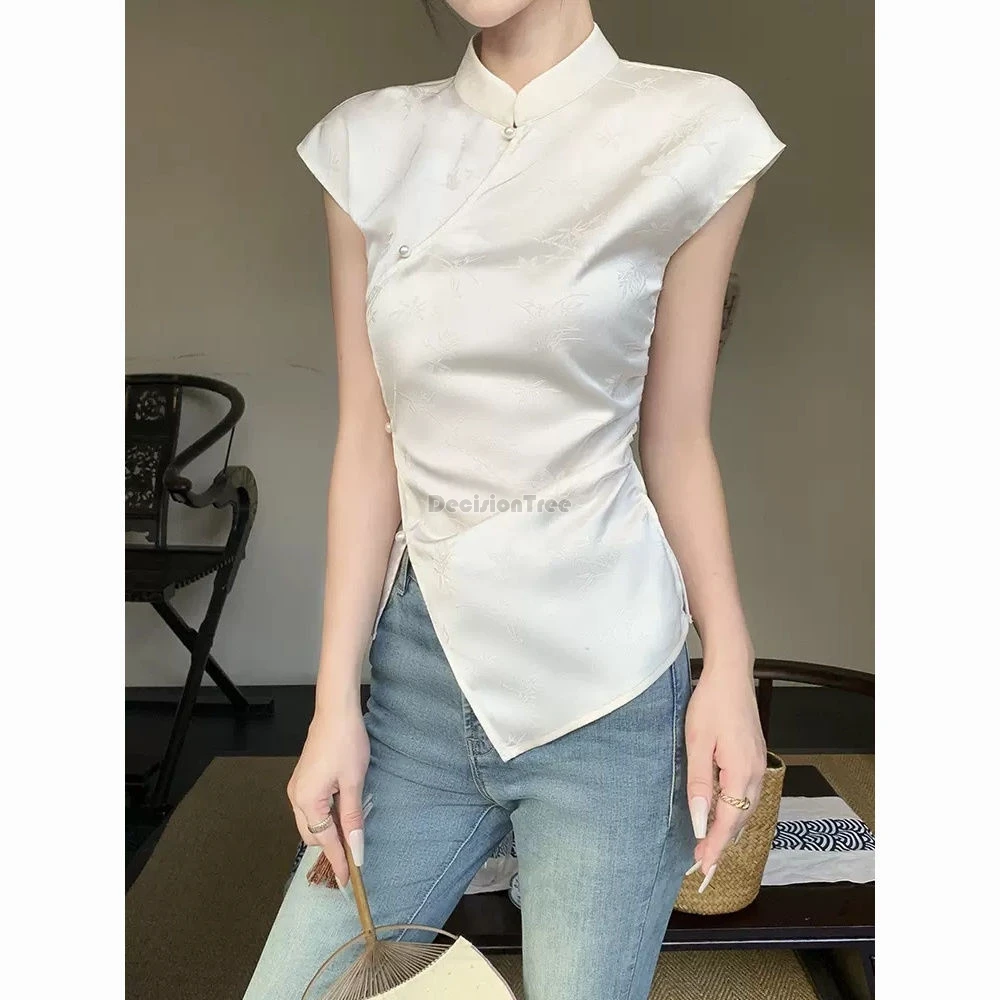 2024 new improved chinese ethnic style cheongsam top elegant national solid color jacquard lady party blouse irregular split top