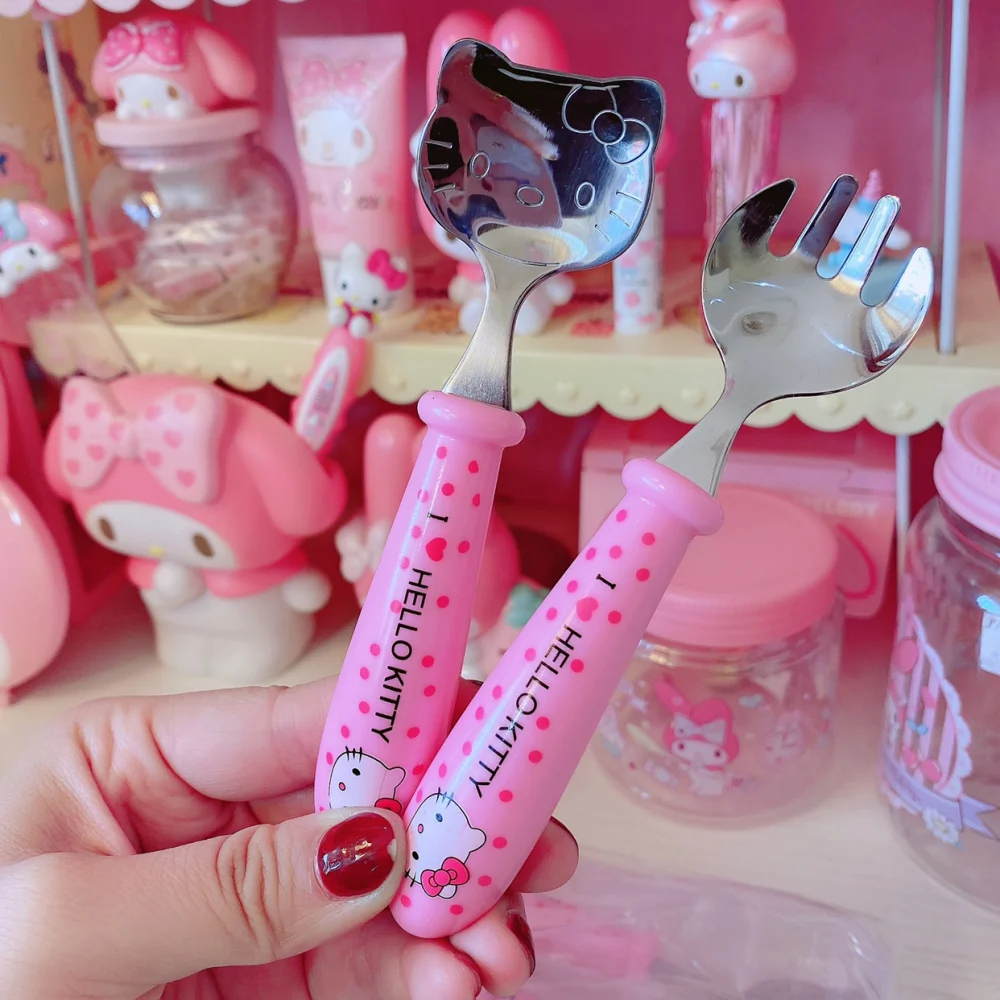 

2 шт. посуда Sanrio с рисунком Hellokitty, вилка, ложка, студенческая портативная столовая из нержавеющей стали, набор посуды для обеда, кухонные инструменты