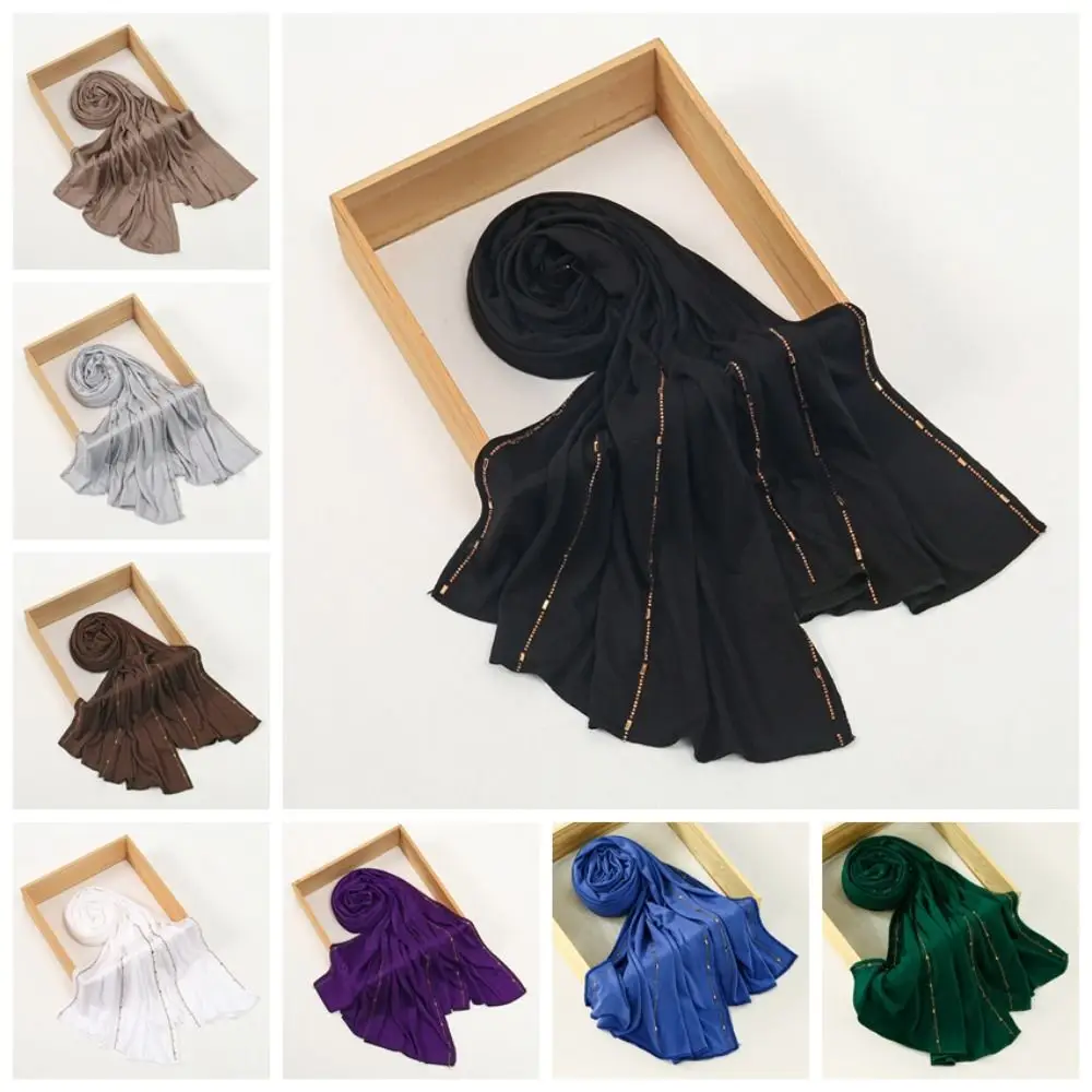 

Высококачественный дышащий хиджаб с блестками, мягкий, с блестящим краем, эластичный, однотонный, для женщин.